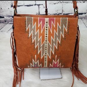 NWTGS Tribal Aztec Studded Fringe Conceal Carry Shoulder Bag